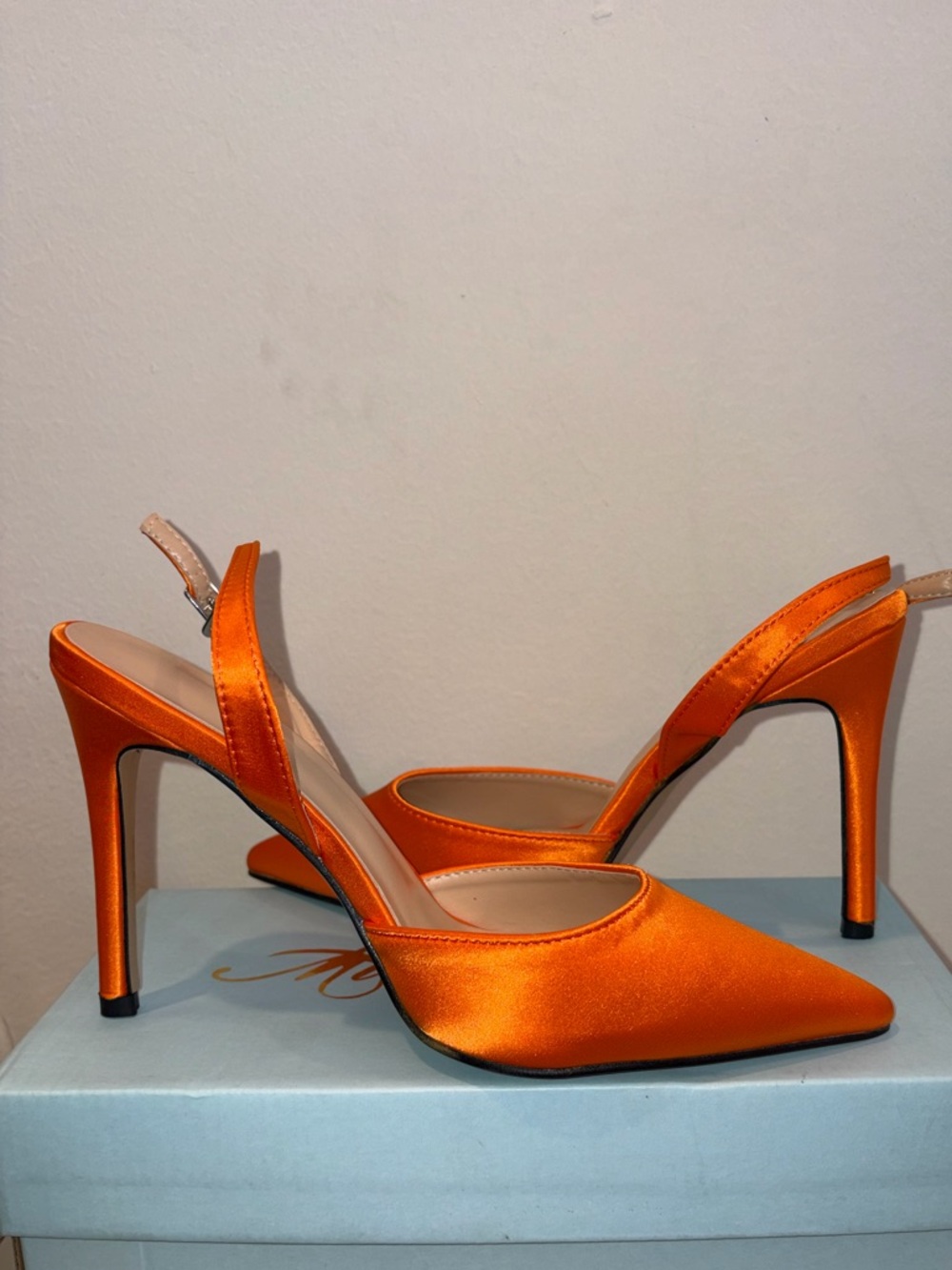 Satin Pointed Slingback Heels in Vibrant Orange